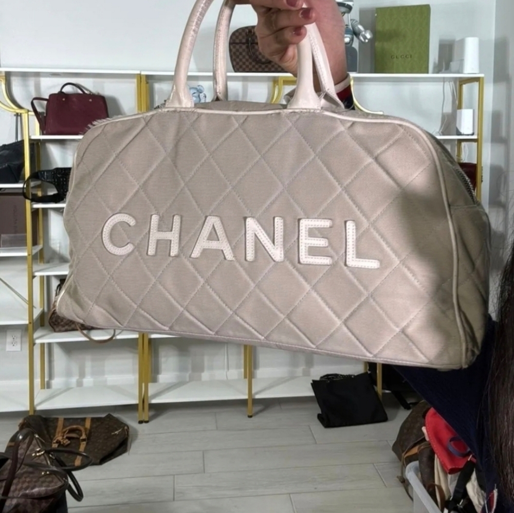 Authentic Chanel Beige Quilted Boston Bag Medium Size